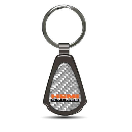 HEMI 5.7 Liter Silver Genuine Carbon Fiber Black Metal Teardrop Key Chain