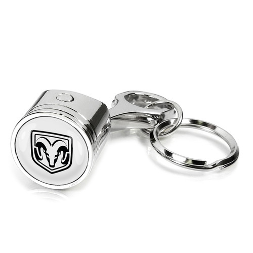 RAM Head Logo in White Chrome Finish Engine Piston and Rod Metal Key Chain