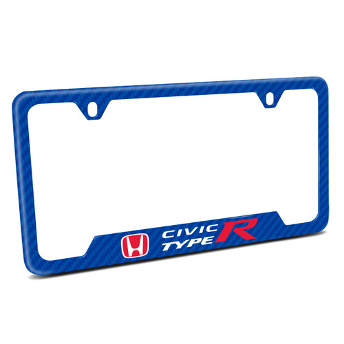Honda Red Logo Civic Type-R Blue Carbon Fiber Texture ABS Plastic Open Corners License Plate Frame