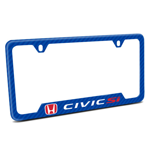 Honda Red Logo Civic Si Blue Carbon Fiber Texture ABS Plastic Open Corners License Plate Frame