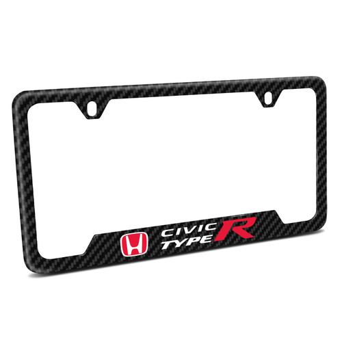 Honda Red Logo Civic Type-R Black Carbon Fiber Texture ABS Plastic Open Corners License Plate Frame