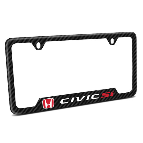 Honda Red Logo Civic Si Black Carbon Fiber Texture ABS Plastic Open Corners License Plate Frame