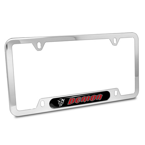 Dodge Demon in Red Black Dome Nameplate Chrome Stainless Steel License Plate Frame
