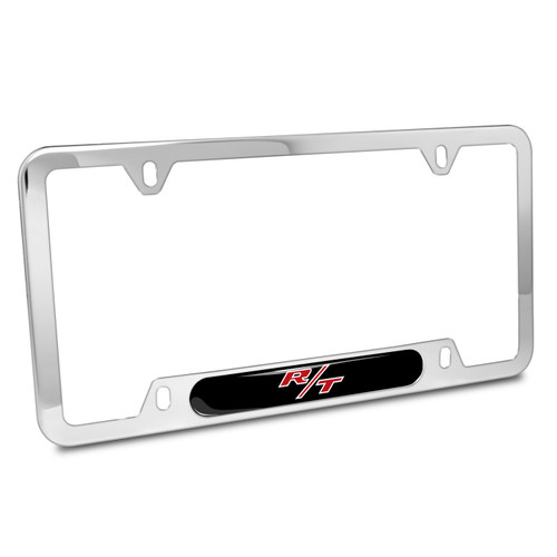 Dodge R/T Logo UV-LED Printed on Black Dome Chrome Stainless Steel License Plate Frame