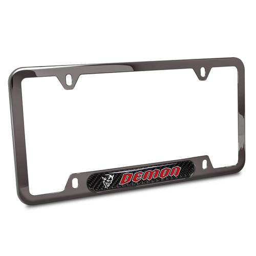 Dodge Demon in Red UV-LED Printed on Real Carbon Fiber Dome Insert Gunmetal Black Stainless Steel License Plate Frame