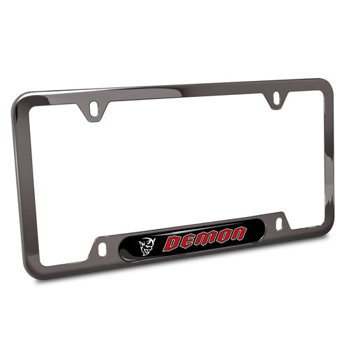 Dodge Demon in Red UV-LED Printed on Black Dome Insert Gunmetal Black Stainless Steel License Plate Frame