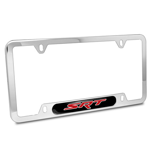 Dodge SRT Red Logo UV-LED Printed on Black Dome Chrome Stainless Steel License Plate Frame