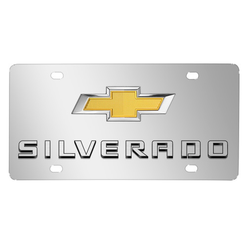 Chevrolet Silverado 3D Gold Bowtie Dual Logo Mirror Chrome Stainless Steel License Plate