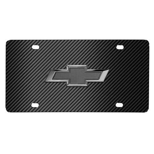 Chevrolet 3D Gunmetal Gray Metal Logo on Black Carbon Fiber Pattern Stainless Steel License Plate