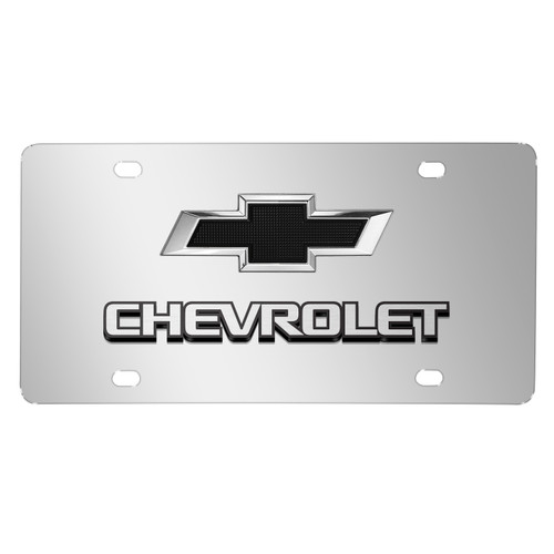Chevrolet Black Bowtie 3D Dual Logo Mirror Chrome Stainless Steel License Plate