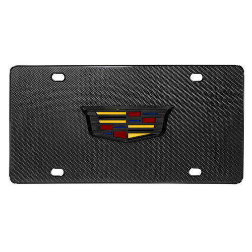 Cadillac 3D Crest Black Metal Logo on Real Black Carbon Fiber License Plate
