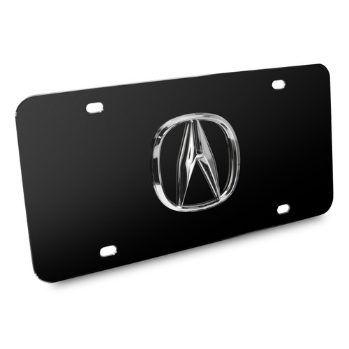 Acura Chrome Metal Logo in 3D on Black Stainless Steel License Plate