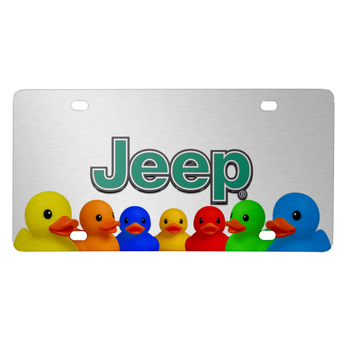 Jeep 3D Logo in Green on Rubber Ducks Graphic Shiny Silver Metal License Plate