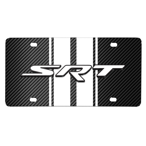 Dodge SRT 3D Logo in White on White Stripe Black Carbon Fiber Look Stainless Steel License Plate