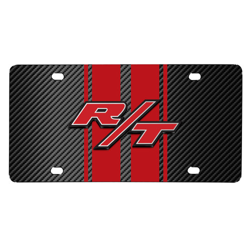 Dodge R/T 3D Logo in Red on Red Stripe Black Carbon Fiber Look Stainless Steel License Plate