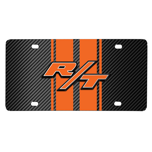Dodge R/T 3D Logo in Orange on Orange Stripe Black Carbon Fiber Look Stainless Steel License Plate