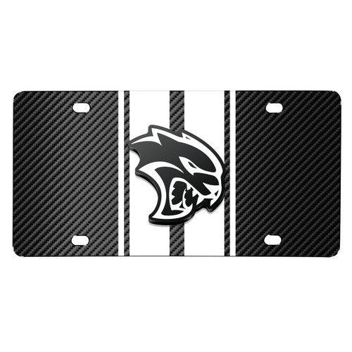 Dodge Hellcat 3D Logo in White on White Stripe Black Carbon Fiber Look Stainless Steel License Plate