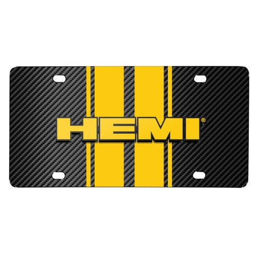 Dodge HEMI 3D Logo in Yellow on Yellow Stripe Black Carbon Fiber Look Stainless Steel License Plate