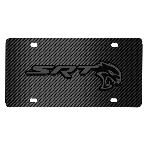 Dodge SRT Hellcat 3D Dark Gray Logo on Black Carbon Fiber Pattern Stainless Steel License Plate