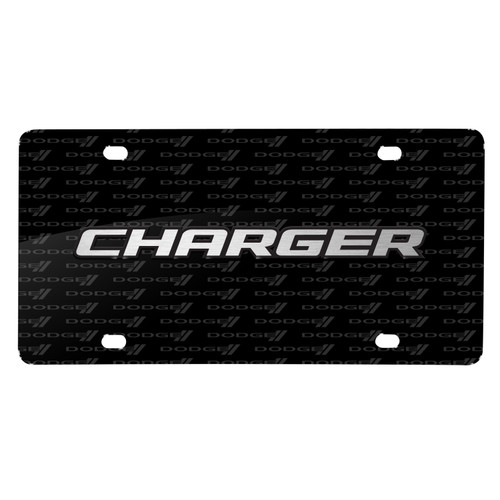 Dodge Charger 3D Logo on Logo Pattern Black Aluminum License Plate