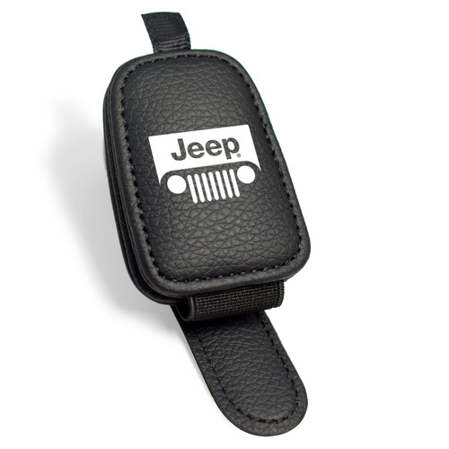 Jeep Grill Logo Rectangle Black Leather Magnetic Sunglass Holder Car Sun Visor Mount Clip