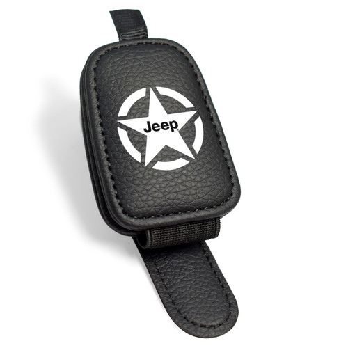 Jeep Willys Star Rectangle Black Leather Magnetic Sunglass Holder Car Sun Visor Mount Clip