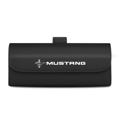Ford Mustang Tri-Bar Black Leather Sunglass Case Car Sun Visor Mount Clip