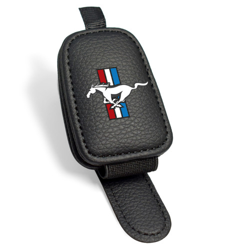Ford Mustang Tri-Bar Rectangle Black Leather Magnetic Sunglass Holder Car Sun Visor Mount Clip