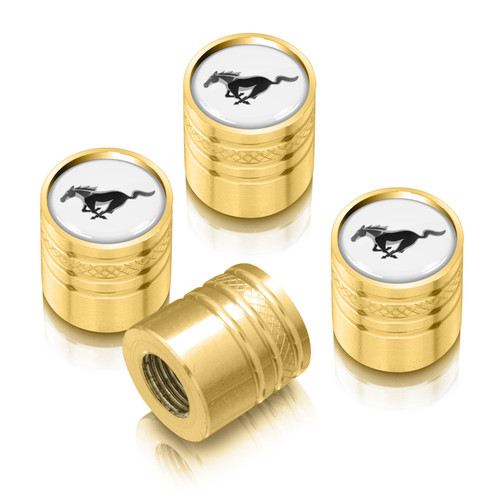 Ford Mustang in White on Golden Cylinder-Style Aluminum Tire Valve Stem Caps