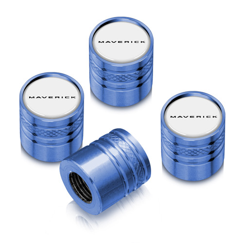 Ford Maverick in-White on Blue Cylinder Style Premium Aluminum Tire Valve Stem Caps -Set of 4