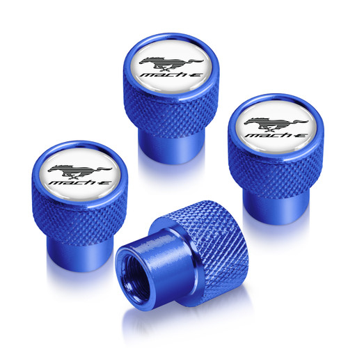 Ford Mustang Mach-E in-White on Blue Premium Aluminum Tire Valve Stem Caps -Set of 4