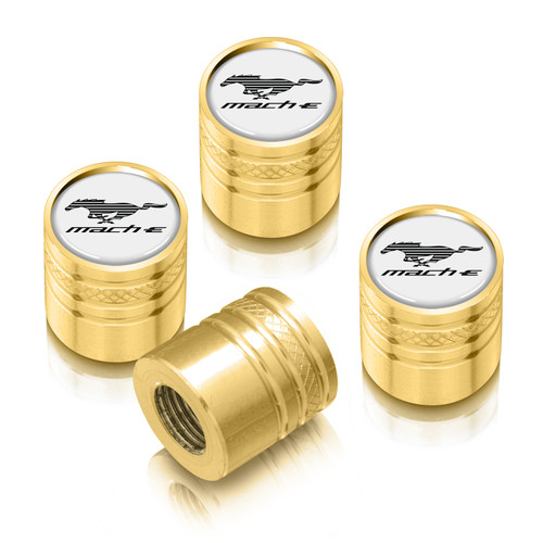 Ford Mustang Mach-E in-White on Golden Cylinder-Style Premium Aluminum Tire Valve Stem Caps -Set of 4