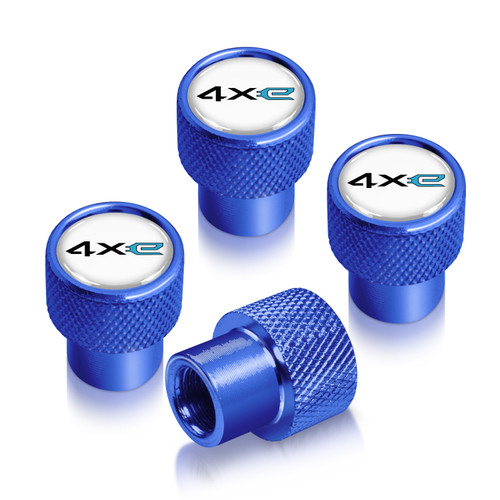 Jeep 4xe in-White on Blue Premium Aluminum Tire Valve Stem Caps -Set of 4