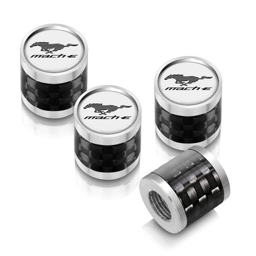 Ford Mustang Mach-E in-White on Real Carbon Fiber Barrel Silver Premium Aluminum Tire Valve Stem Caps -Set of 4