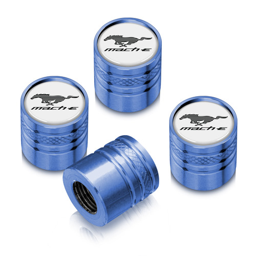 Ford Mustang Mach-E in-White on Blue Cylinder Style Premium Aluminum Tire Valve Stem Caps -Set of 4