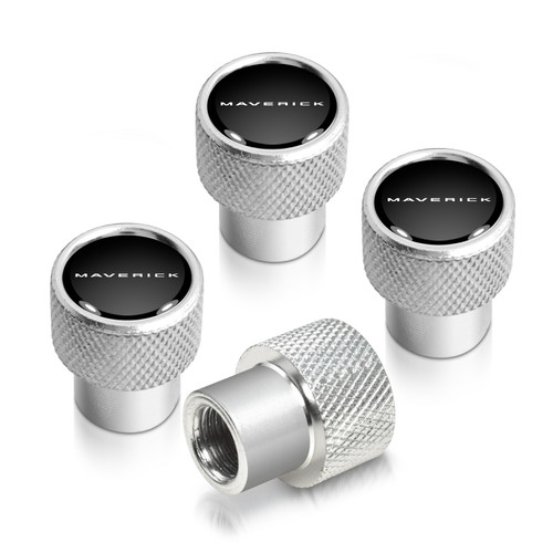 Ford Maverick in-Black on Shining Silver Premium Aluminum Tire Valve Stem Caps -Set of 4