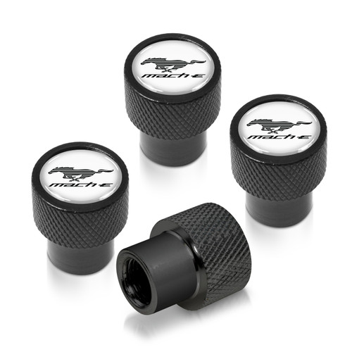 Ford Mustang Mach-E in-White on Black Premium Aluminum Tire Valve Stem Caps -Set of 4