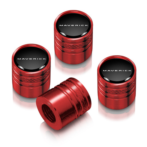 Ford Maverick in-Black on Red Cylinder-Style Premium Aluminum Tire Valve Stem Caps -Set of 4