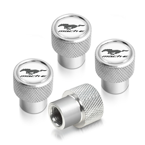 Ford Mustang Mach-E in-White on Shining Silver Premium Aluminum Tire Valve Stem Caps -Set of 4