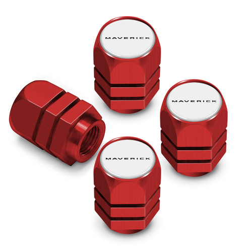 Ford Maverick in White on Red Hexagon Shape Aluminum Tire Valve Stem Caps