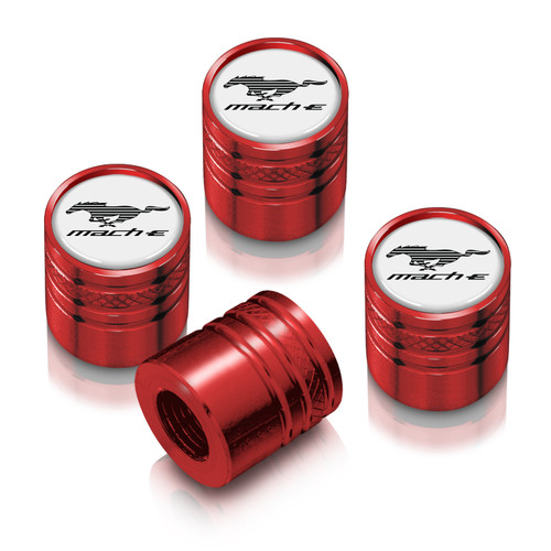 Ford Mustang Mach-E in-White on Red Cylinder-Style Premium Aluminum Tire Valve Stem Caps -Set of 4