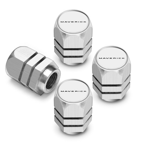 Ford Maverick in-White on Silver Hexagon Shape Premium Aluminum Tire Valve Stem Caps -Set of 4