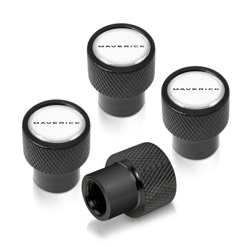 Ford Maverick in-White on Black Premium Aluminum Tire Valve Stem Caps -Set of 4