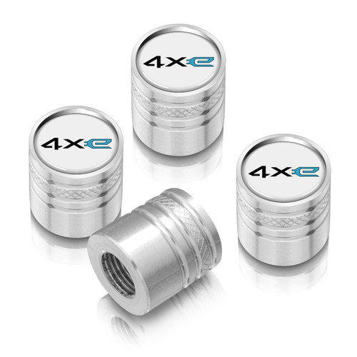 Jeep 4xe in-White on Silver Cylinder-Style Premium Aluminum Tire Valve Stem Caps