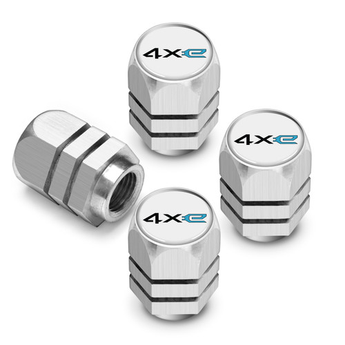 Jeep 4xe in-White on Silver Hexagon Shape Premium Aluminum Tire Valve Stem Caps -Set of 4