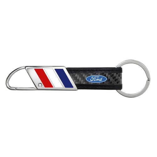 Ford Logo Real Carbon Fiber Leather Key Chain with Red White Blue Stripe