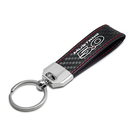 Ford Mustang 5.0 Real Carbon Fiber Leather Key Chain with Red Stitching , Made in USA