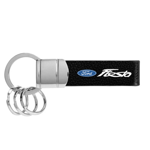 Ford Fiesta Black Leather Stripe Round Hook Metal Key Chain