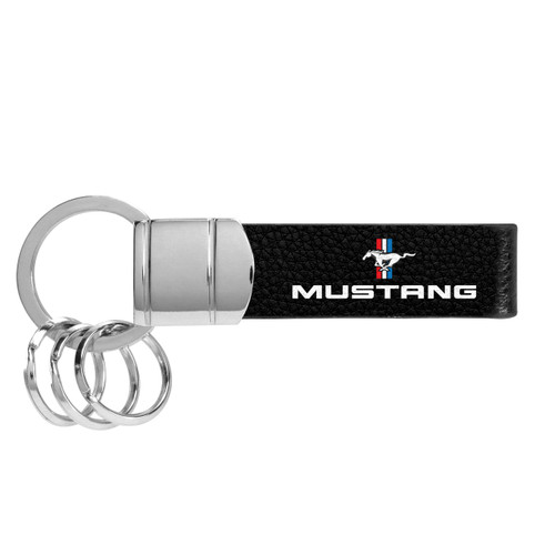 Ford Mustang Tri-Bar Black Leather Stripe Round Hook Metal Key Chain
