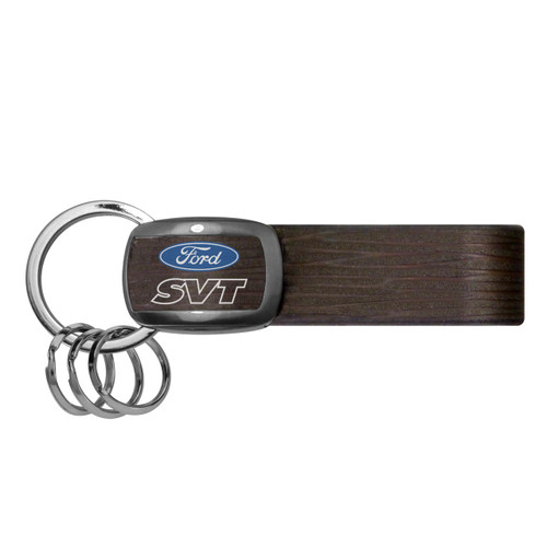 Ford SVT Black Nickel with Brown Leather Stripe Key Chain by iPick Image, Made in USA